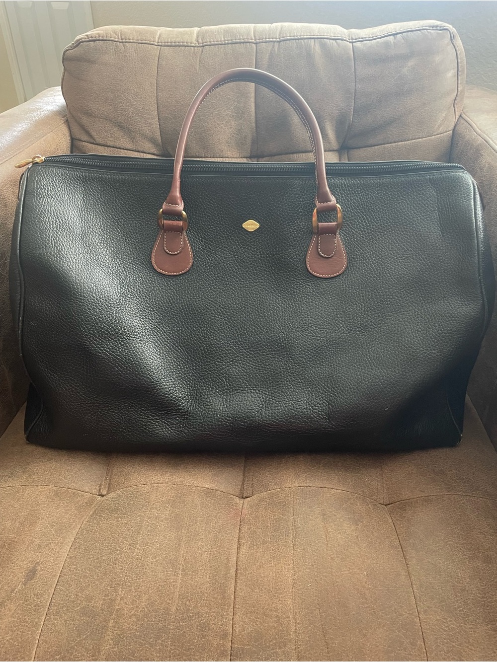 I Santi Genuine Leather Duffel Weekender Bag - Black with Brown Handles